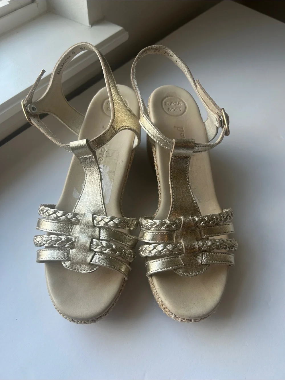 Paul Green Metallic Gold Leather T-Strap Wedge Sandals